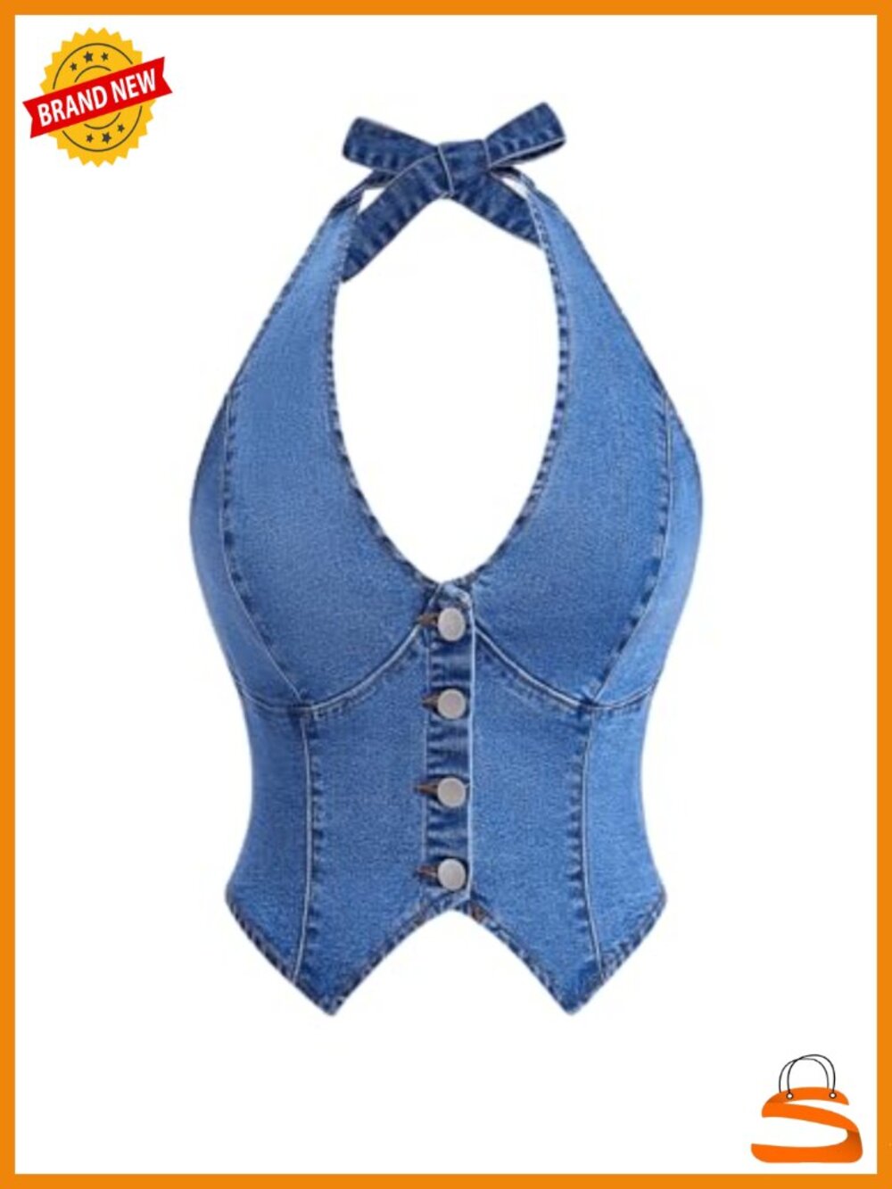 Denim Halter Tank Top Tie Backless Button Front Slim Fit Asymmetrical Hem